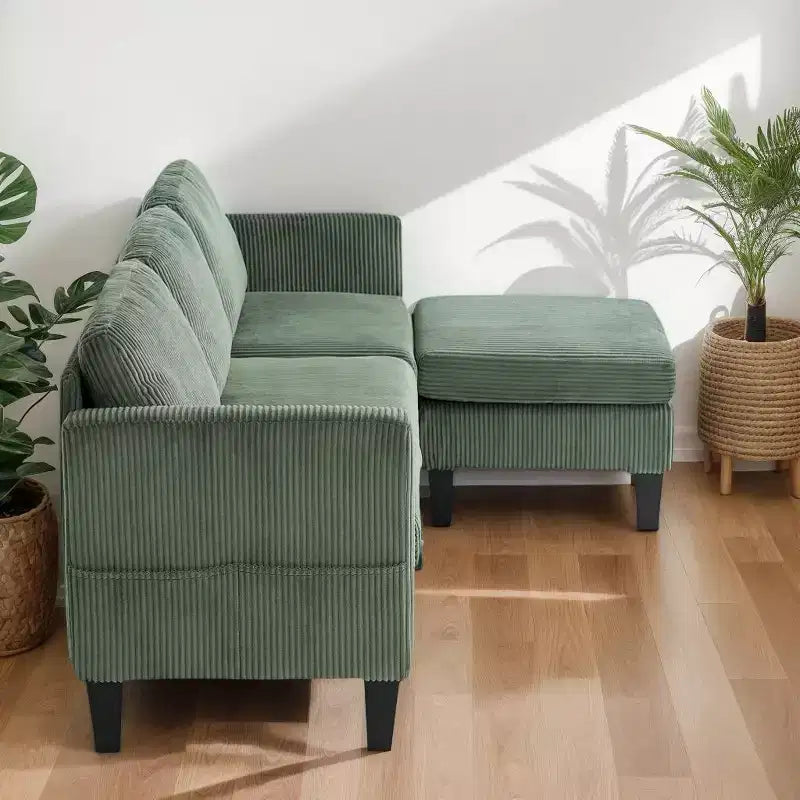 PexFix Canapé d'angle en velours 4 places avec méridienne et pouf en velours côtelé, canapé sectionnel moderne multifonctionnel pour appartement, salon, vert olive