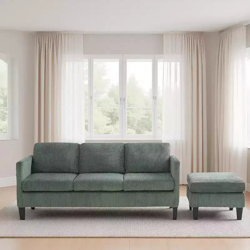 PexFix Canapé d'angle en velours 4 places avec méridienne et pouf en velours côtelé, canapé sectionnel moderne multifonctionnel pour appartement, salon, vert olive