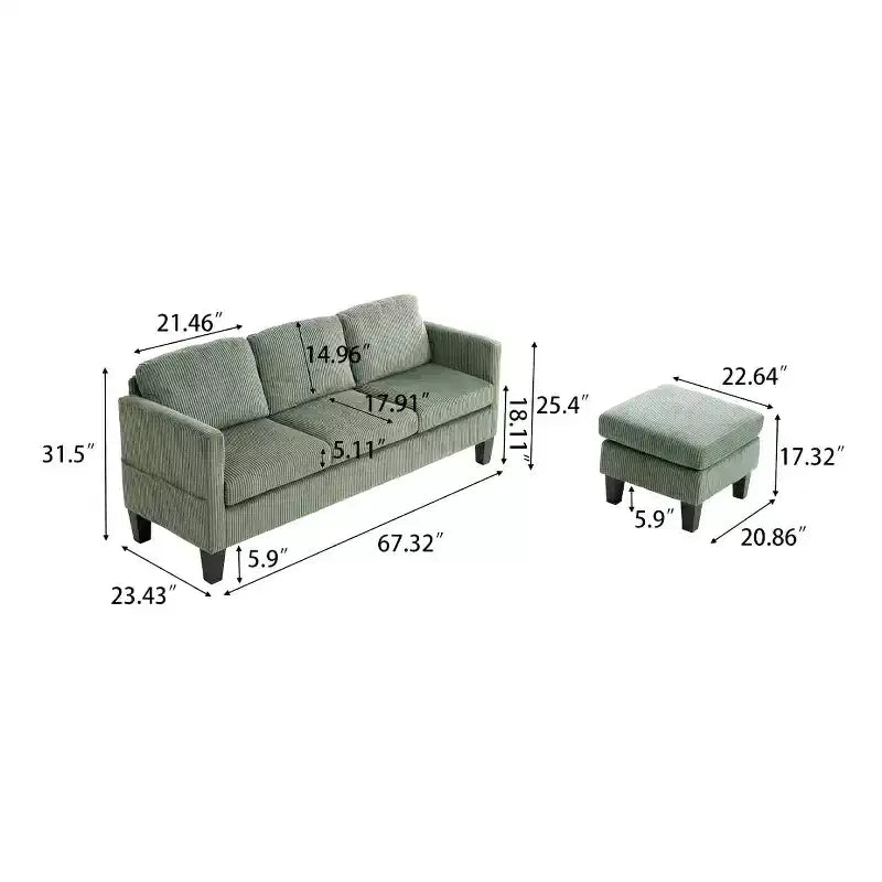 PexFix Canapé d'angle en velours 4 places avec méridienne et pouf en velours côtelé, canapé sectionnel moderne multifonctionnel pour appartement, salon, vert olive