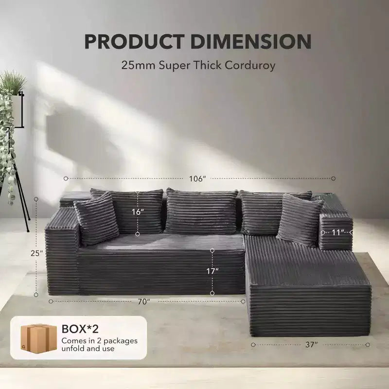 Canapé modulaire sectionnel COZONY 106 avec assise profonde, velours côtelé doux, méridienne côté gauche, design sans armature