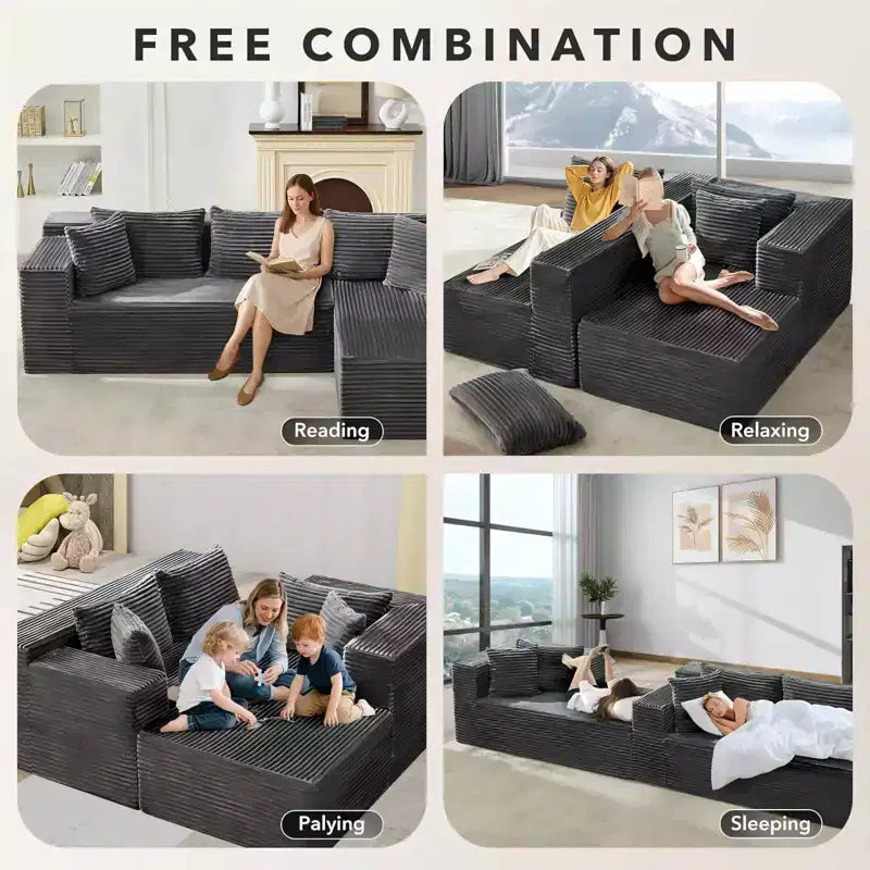 Canapé modulaire sectionnel COZONY 106 avec assise profonde, velours côtelé doux, méridienne côté gauche, design sans armature