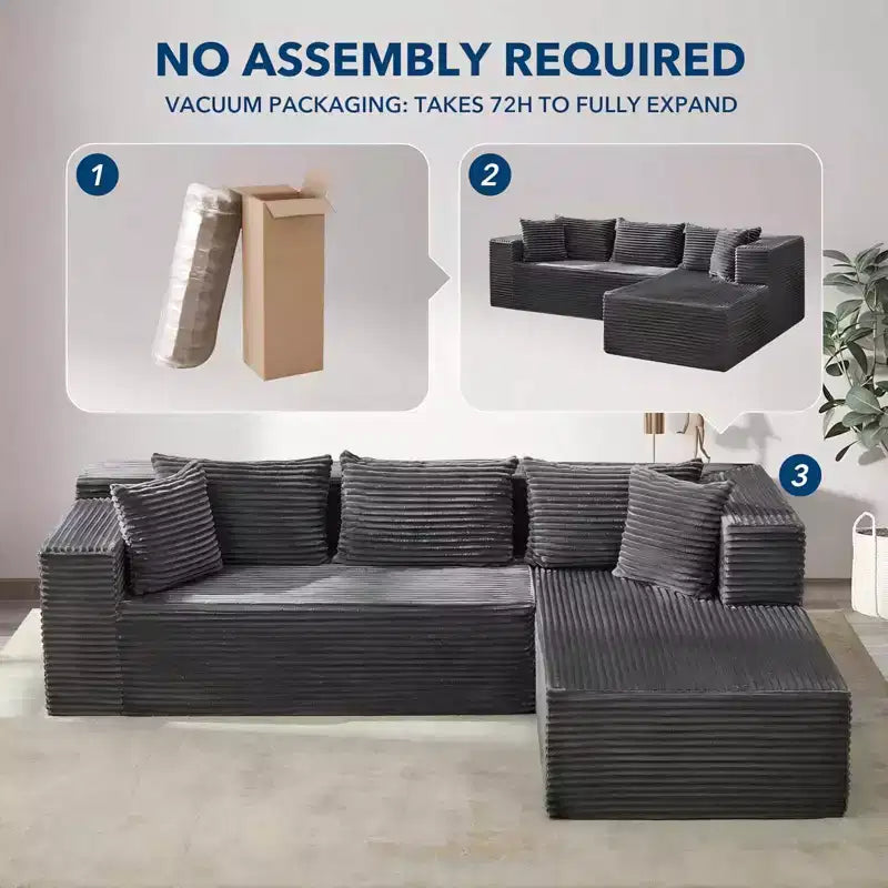 Canapé modulaire sectionnel COZONY 106 avec assise profonde, velours côtelé doux, méridienne côté gauche, design sans armature