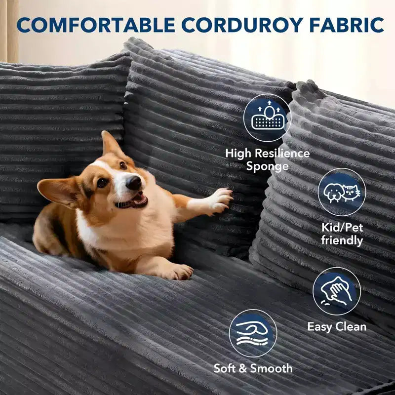 Canapé modulaire sectionnel COZONY 106 avec assise profonde, velours côtelé doux, méridienne côté gauche, design sans armature
