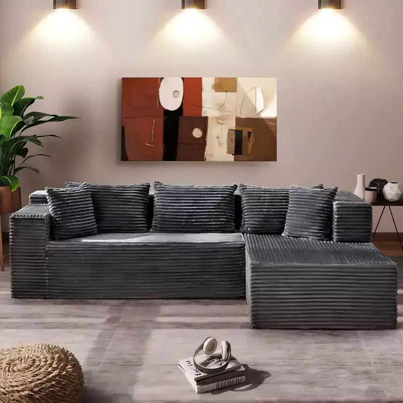 Canapé modulaire sectionnel COZONY 106 avec assise profonde, velours côtelé doux, méridienne côté gauche, design sans armature