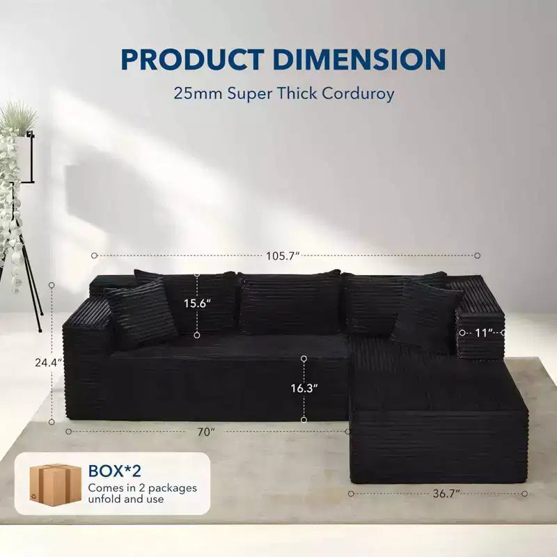 Canapé modulaire sectionnel COZONY 106 avec assise profonde, velours côtelé doux, méridienne côté gauche, design sans armature