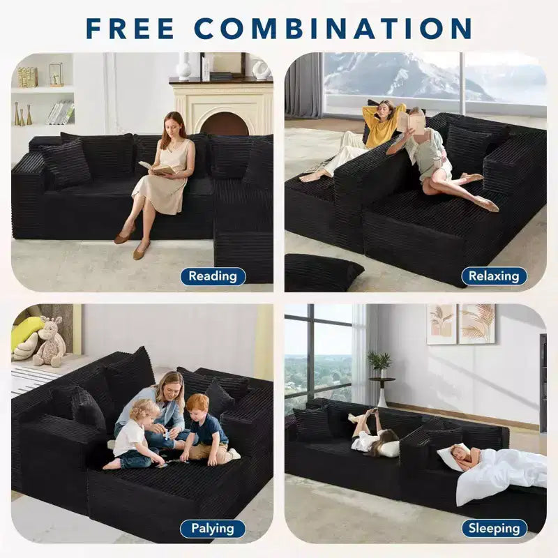 Canapé modulaire sectionnel COZONY 106 avec assise profonde, velours côtelé doux, méridienne côté gauche, design sans armature