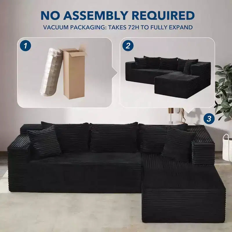 Canapé modulaire sectionnel COZONY 106 avec assise profonde, velours côtelé doux, méridienne côté gauche, design sans armature