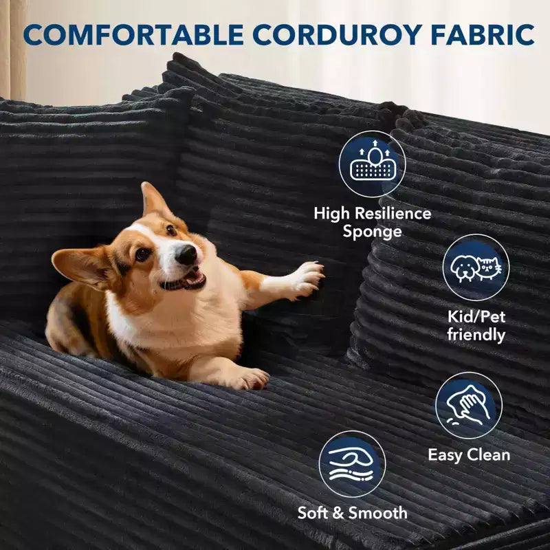 Canapé modulaire sectionnel COZONY 106 avec assise profonde, velours côtelé doux, méridienne côté gauche, design sans armature
