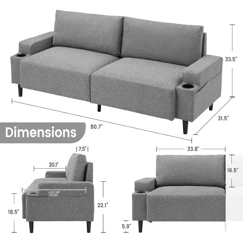 Canapé deux places Acekool 81 Comfort, 3 places avec porte-gobelets et poches de rangement, coussins profonds pour salon, chambre à coucher