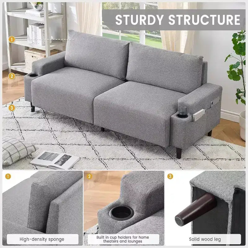Canapé deux places Acekool 81 Comfort, 3 places avec porte-gobelets et poches de rangement, coussins profonds pour salon, chambre à coucher