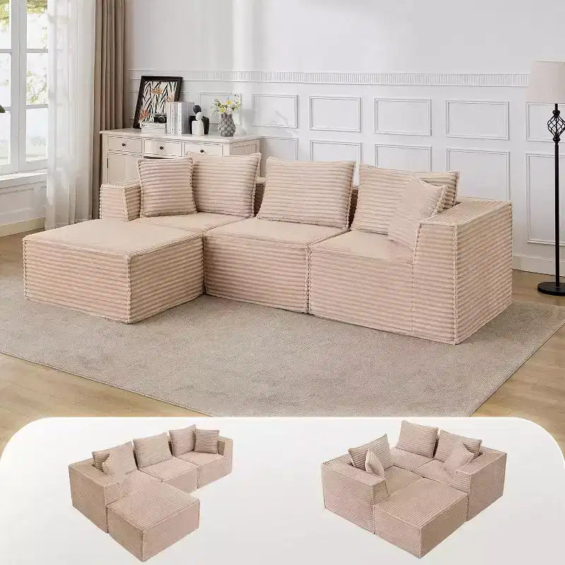 Canapé d'angle modulaire avec pouf, canapé en velours côtelé sans assemblage, canapé profond en U/L pour petits espaces, 4 couleurs et configurations