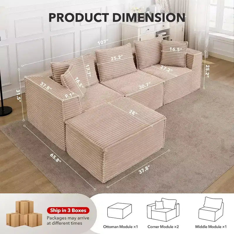 Canapé d'angle modulaire avec pouf, canapé en velours côtelé sans assemblage, canapé profond en U/L pour petits espaces, 4 couleurs et configurations