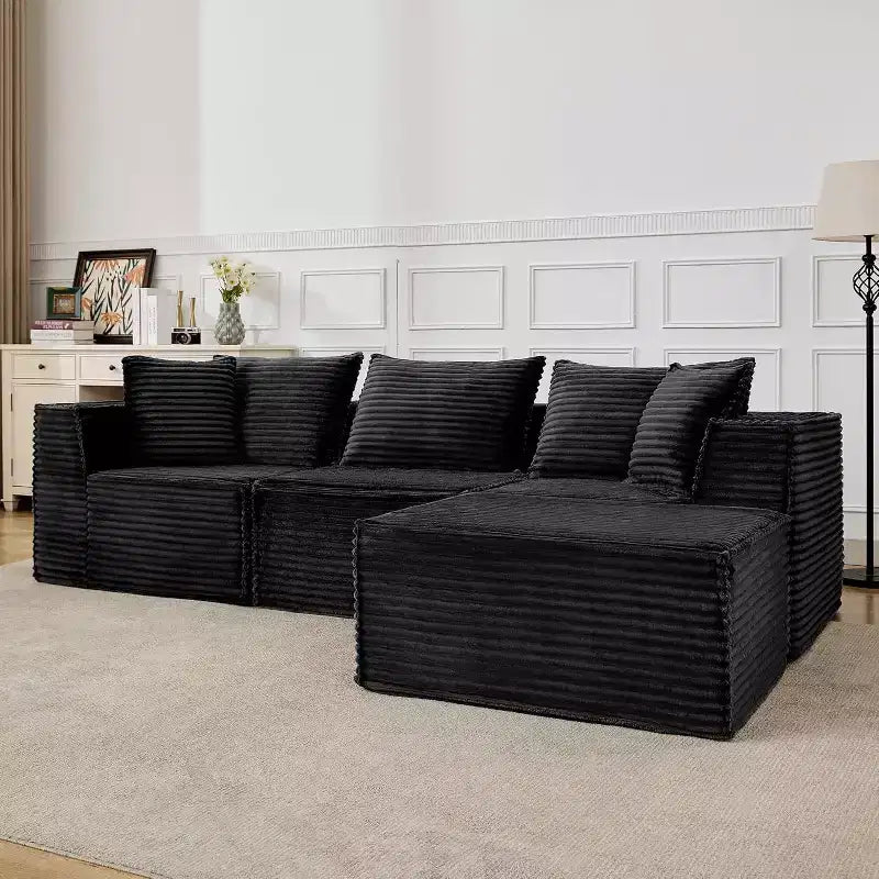 Canapé d'angle modulaire avec pouf, canapé en velours côtelé sans assemblage, canapé profond en U/L pour petits espaces, 4 couleurs et configurations