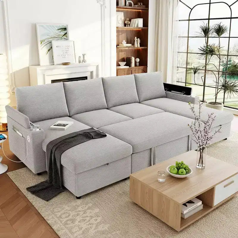Canapé d'angle convertible en U Polibi avec méridiennes de rangement, ports USB, porte-gobelets et lit gigogne