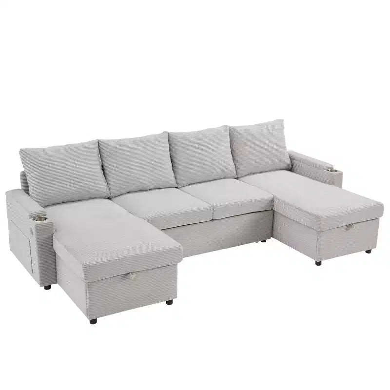 Canapé d'angle convertible en U Polibi avec méridiennes de rangement, ports USB, porte-gobelets et lit gigogne