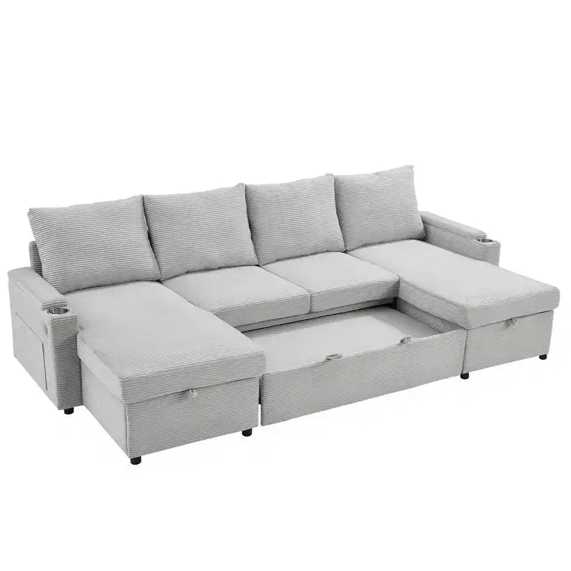 Canapé d'angle convertible en U Polibi avec méridiennes de rangement, ports USB, porte-gobelets et lit gigogne