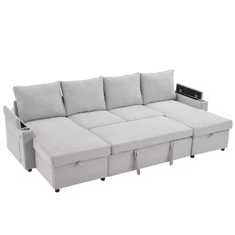 Canapé d'angle convertible en U Polibi avec méridiennes de rangement, ports USB, porte-gobelets et lit gigogne