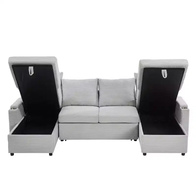 Canapé d'angle convertible en U Polibi avec méridiennes de rangement, ports USB, porte-gobelets et lit gigogne