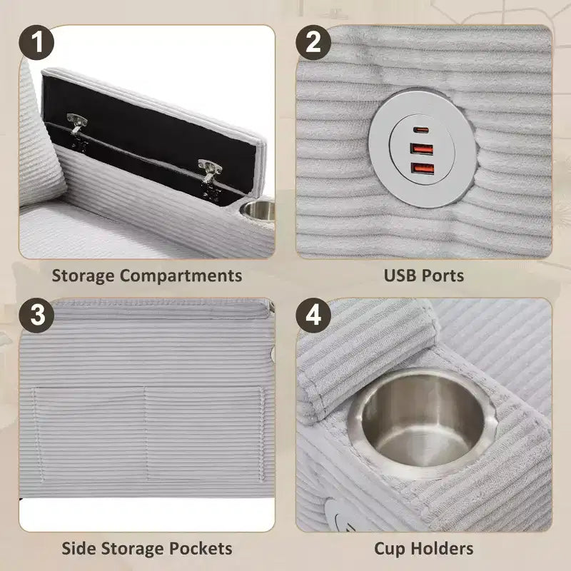 Canapé d'angle convertible en U Polibi avec méridiennes de rangement, ports USB, porte-gobelets et lit gigogne