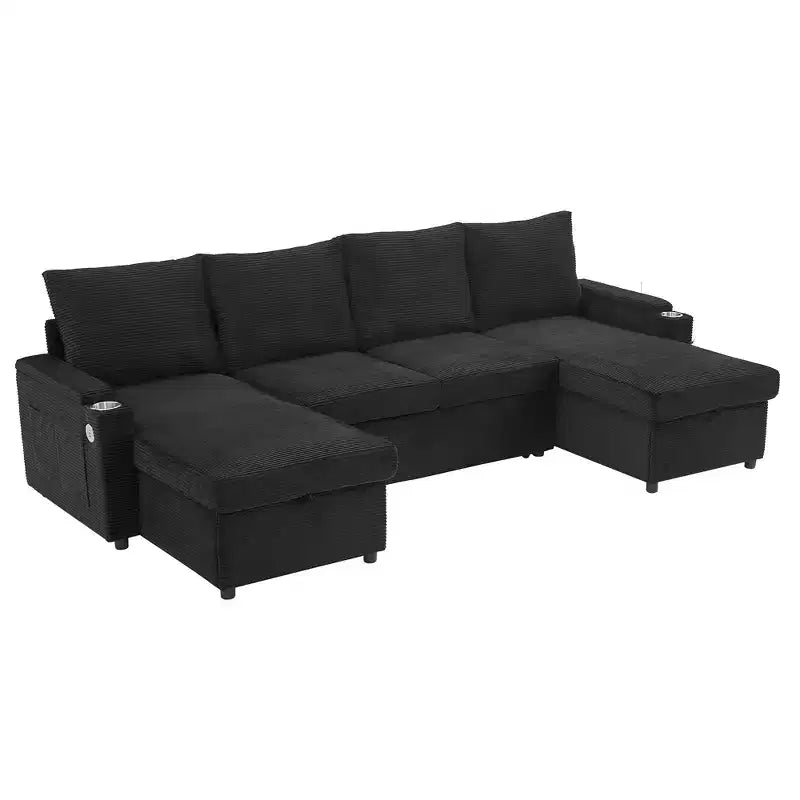Canapé d'angle convertible en U Polibi avec méridiennes de rangement, ports USB, porte-gobelets et lit gigogne