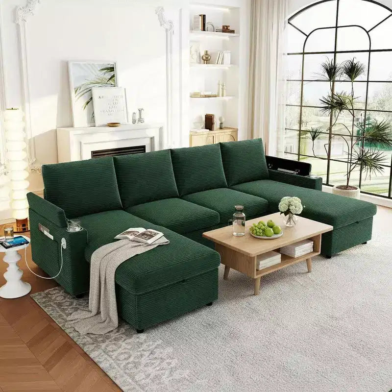 Canapé d'angle convertible en U Polibi avec méridiennes de rangement, ports USB, porte-gobelets et lit gigogne