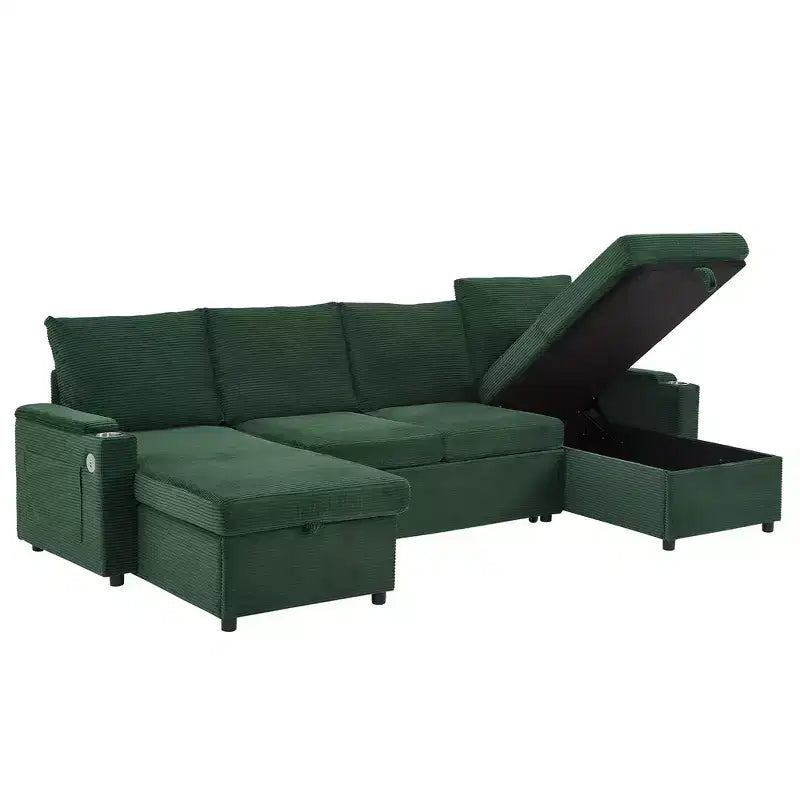 Canapé d'angle convertible en U Polibi avec méridiennes de rangement, ports USB, porte-gobelets et lit gigogne
