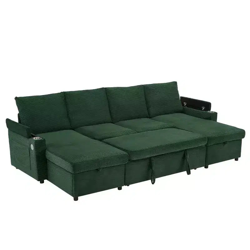 Canapé d'angle convertible en U Polibi avec méridiennes de rangement, ports USB, porte-gobelets et lit gigogne
