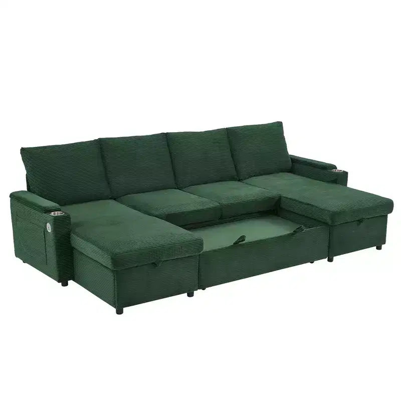 Canapé d'angle convertible en U Polibi avec méridiennes de rangement, ports USB, porte-gobelets et lit gigogne