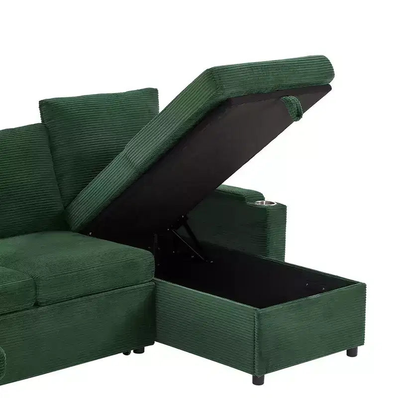 Canapé d'angle convertible en U Polibi avec méridiennes de rangement, ports USB, porte-gobelets et lit gigogne