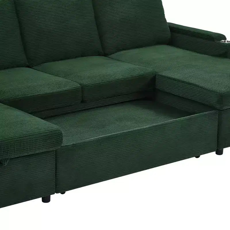 Canapé d'angle convertible en U Polibi avec méridiennes de rangement, ports USB, porte-gobelets et lit gigogne