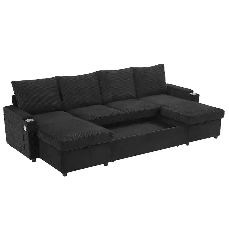 Canapé d'angle convertible en U Polibi avec méridiennes de rangement, ports USB, porte-gobelets et lit gigogne