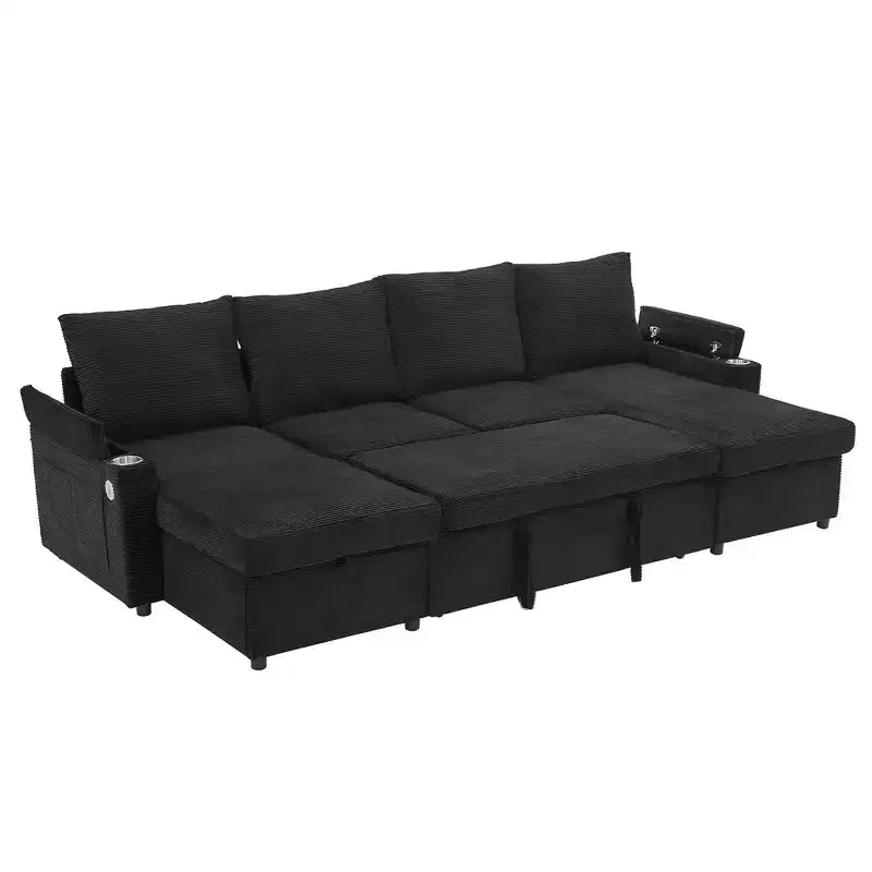 Canapé d'angle convertible en U Polibi avec méridiennes de rangement, ports USB, porte-gobelets et lit gigogne