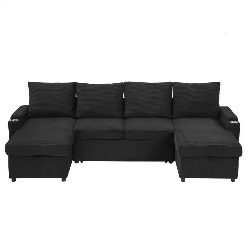Canapé d'angle convertible en U Polibi avec méridiennes de rangement, ports USB, porte-gobelets et lit gigogne
