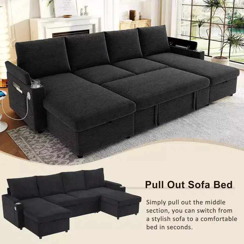 Canapé d'angle convertible en U Polibi avec méridiennes de rangement, ports USB, porte-gobelets et lit gigogne