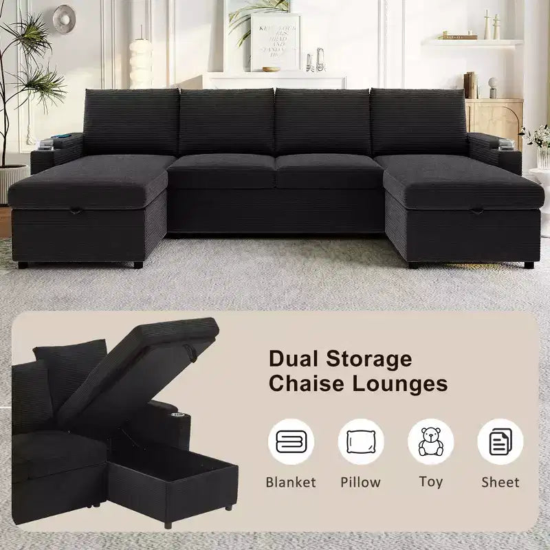 Canapé d'angle convertible en U Polibi avec méridiennes de rangement, ports USB, porte-gobelets et lit gigogne