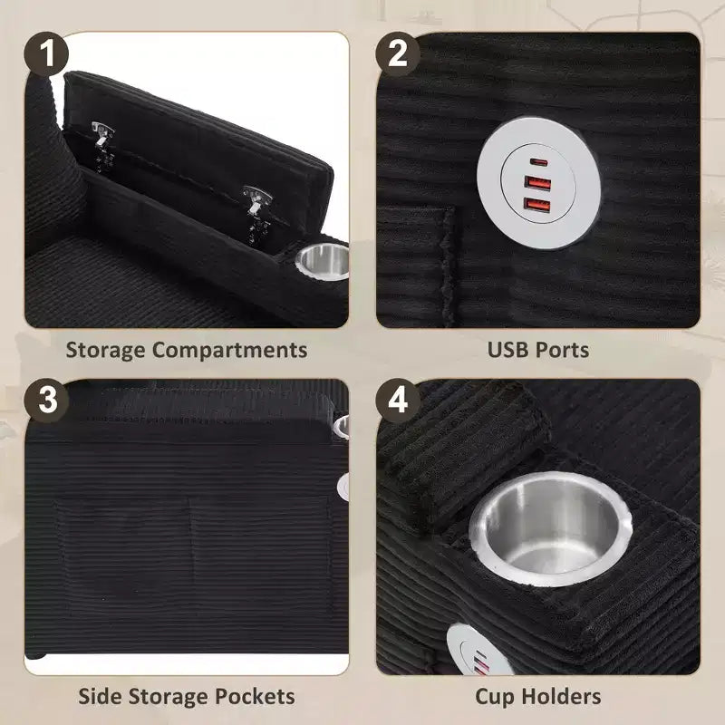 Canapé d'angle convertible en U Polibi avec méridiennes de rangement, ports USB, porte-gobelets et lit gigogne