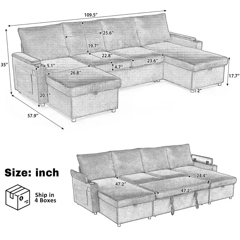 Canapé d'angle convertible en U Polibi avec méridiennes de rangement, ports USB, porte-gobelets et lit gigogne