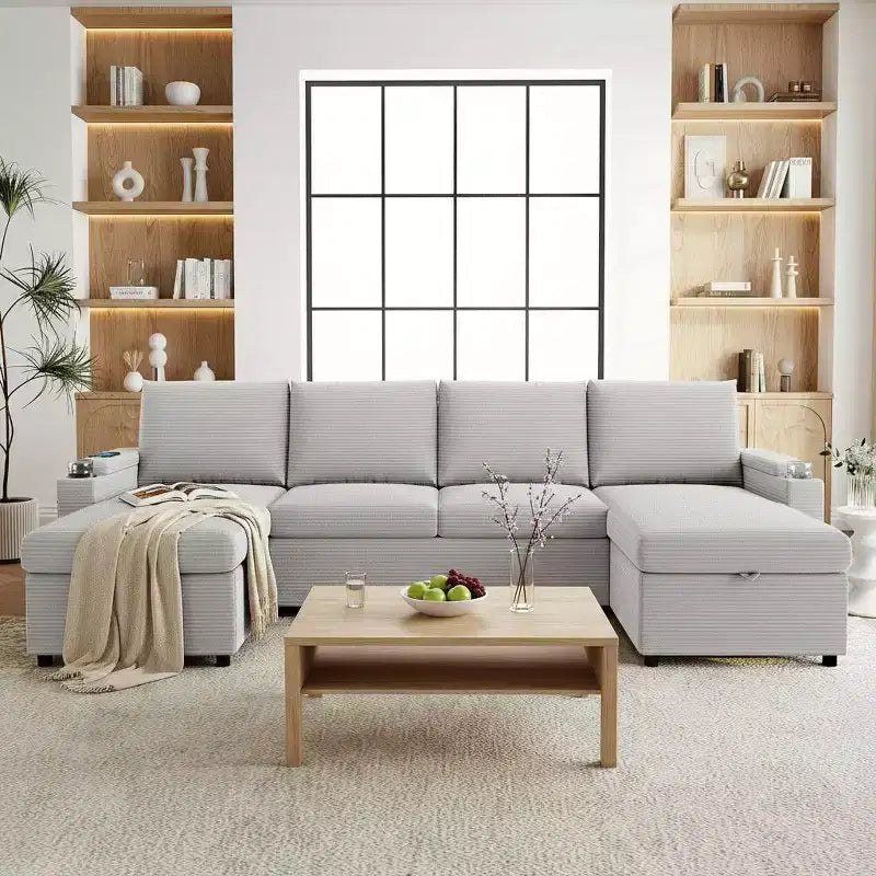 Canapé d'angle convertible en U Polibi avec méridiennes de rangement, ports USB, porte-gobelets et lit gigogne