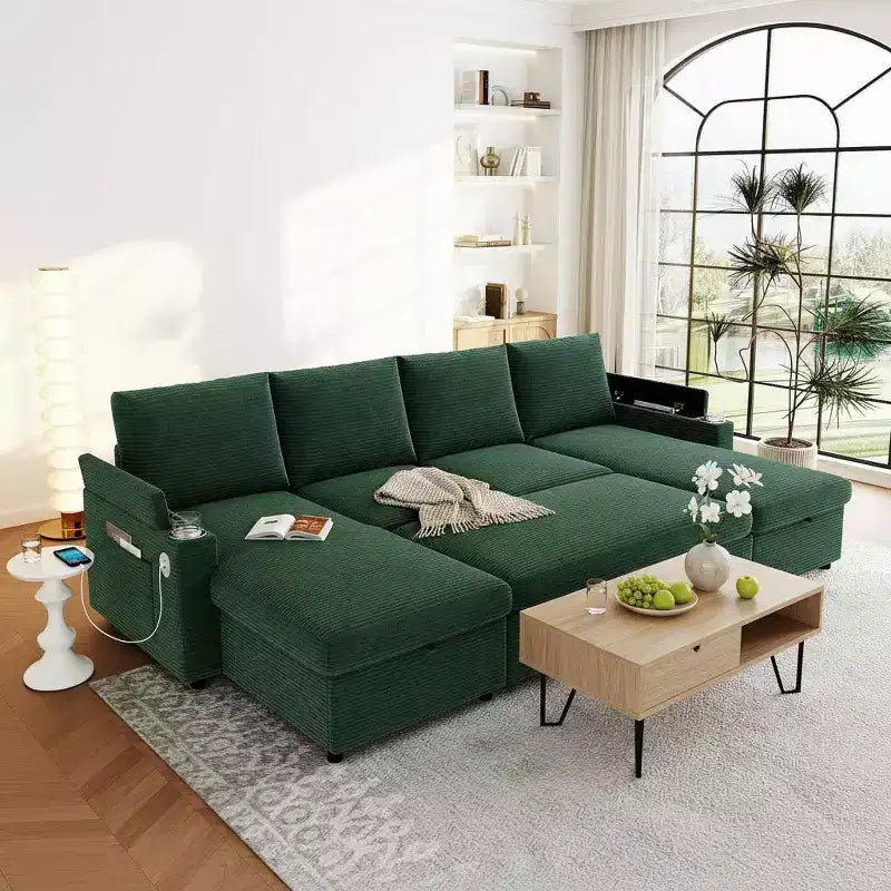 Canapé d'angle convertible en U Polibi avec méridiennes de rangement, ports USB, porte-gobelets et lit gigogne