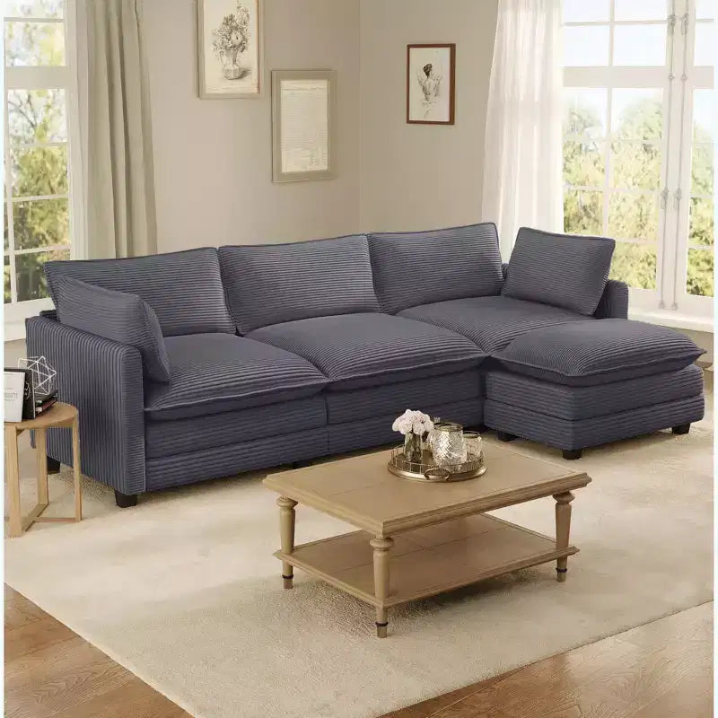 Canapé d'angle Hyleory en velours côtelé avec ottoman mobile - Doux au toucher, design peu encombrant
