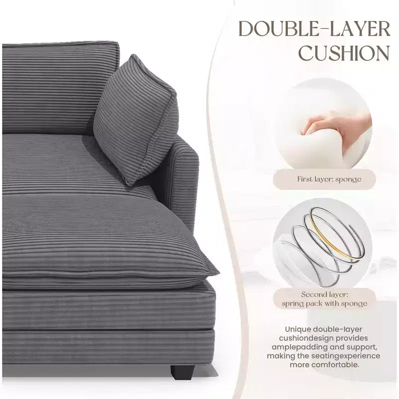 Canapé d'angle Hyleory en velours côtelé avec ottoman mobile - Doux au toucher, design peu encombrant