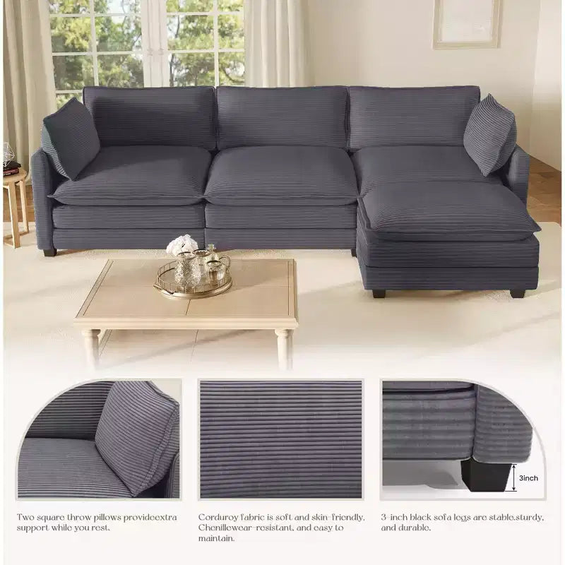Canapé d'angle Hyleory en velours côtelé avec ottoman mobile - Doux au toucher, design peu encombrant