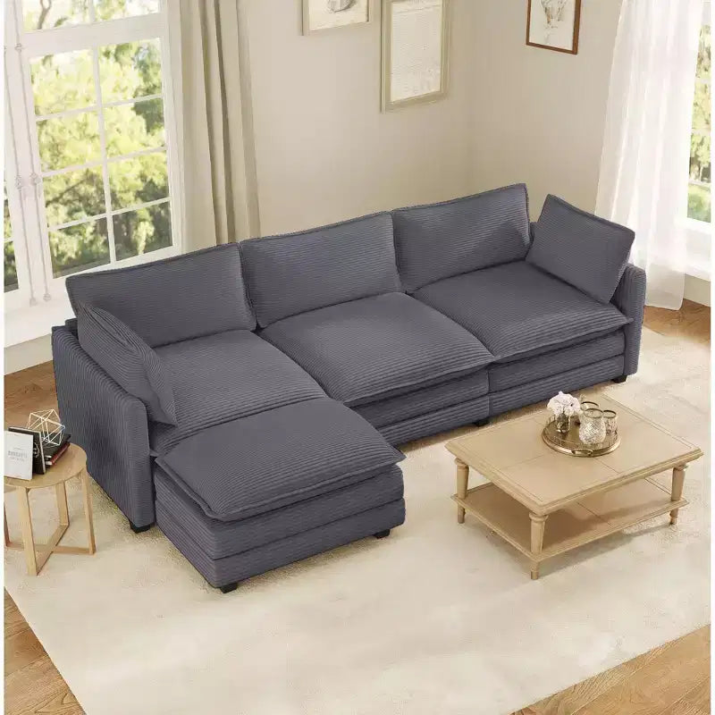 Canapé d'angle Hyleory en velours côtelé avec ottoman mobile - Doux au toucher, design peu encombrant