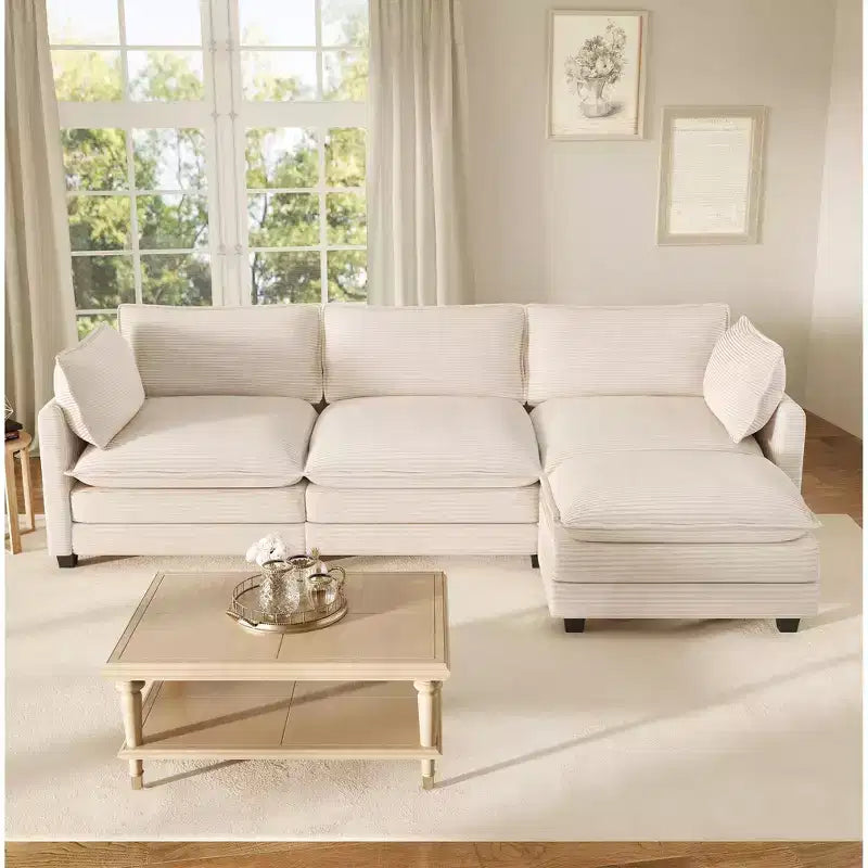 Canapé d'angle Hyleory en velours côtelé avec ottoman mobile - Doux au toucher, design peu encombrant