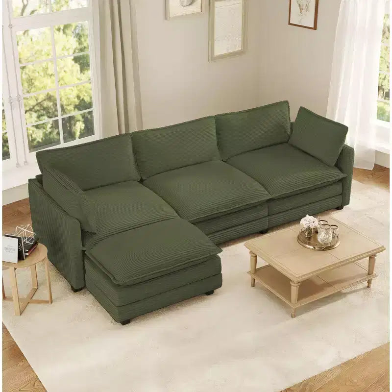Canapé d'angle Hyleory en velours côtelé avec ottoman mobile - Doux au toucher, design peu encombrant