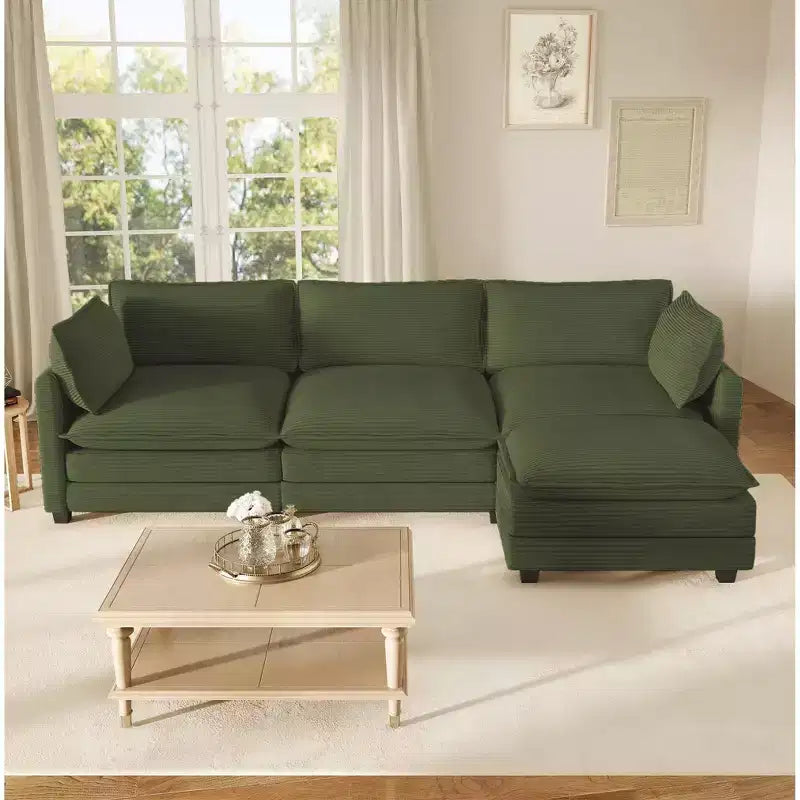 Canapé d'angle Hyleory en velours côtelé avec ottoman mobile - Doux au toucher, design peu encombrant