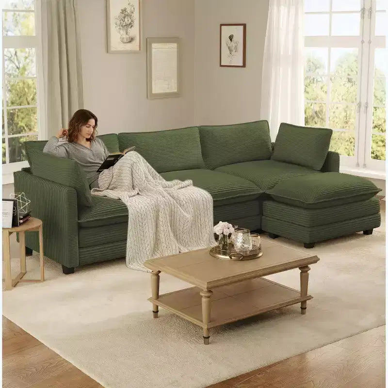 Canapé d'angle Hyleory en velours côtelé avec ottoman mobile - Doux au toucher, design peu encombrant