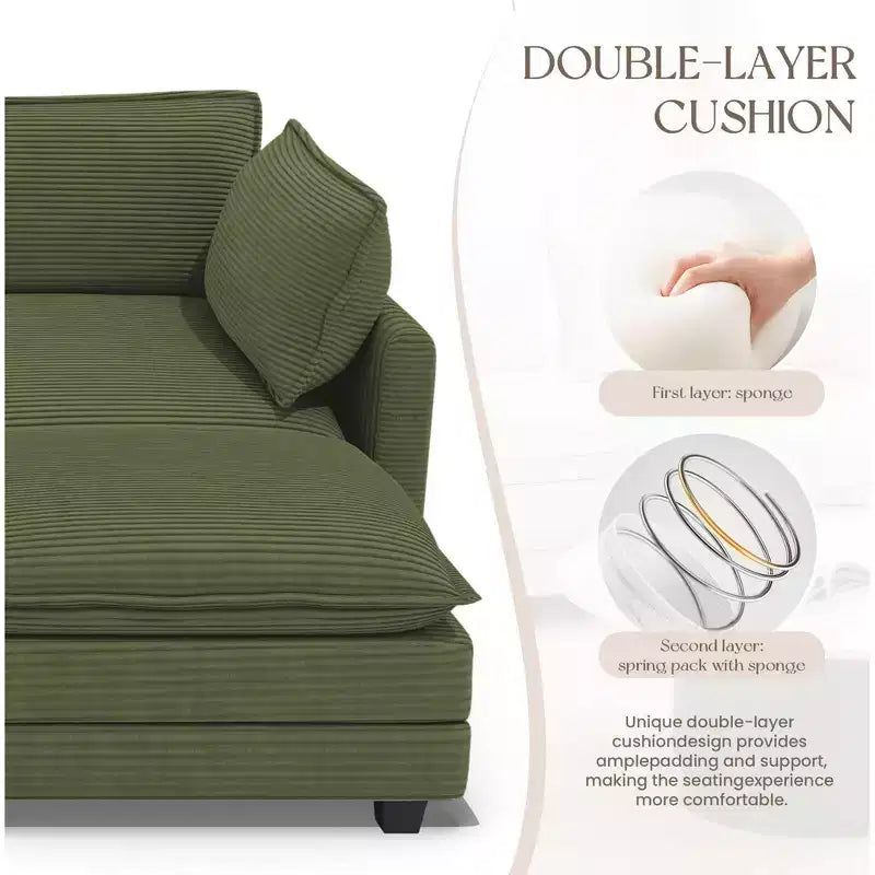 Canapé d'angle Hyleory en velours côtelé avec ottoman mobile - Doux au toucher, design peu encombrant