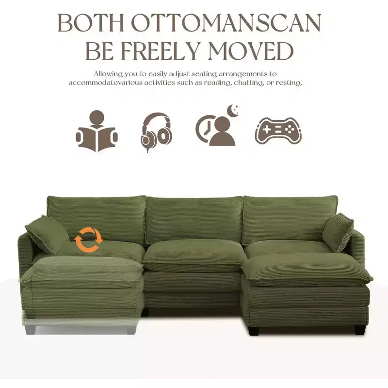 Canapé d'angle Hyleory en velours côtelé avec ottoman mobile - Doux au toucher, design peu encombrant