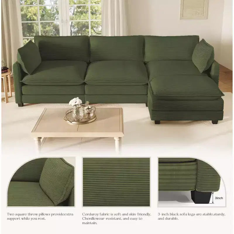 Canapé d'angle Hyleory en velours côtelé avec ottoman mobile - Doux au toucher, design peu encombrant